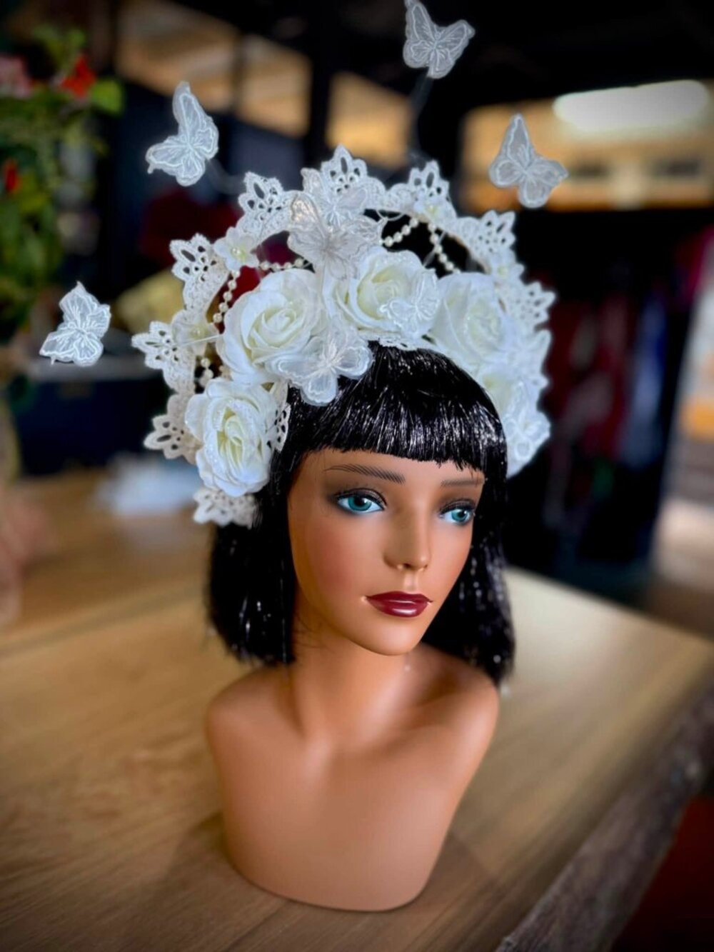Floral Halo Headpiece with Lace, Pearls, and Butterflies.